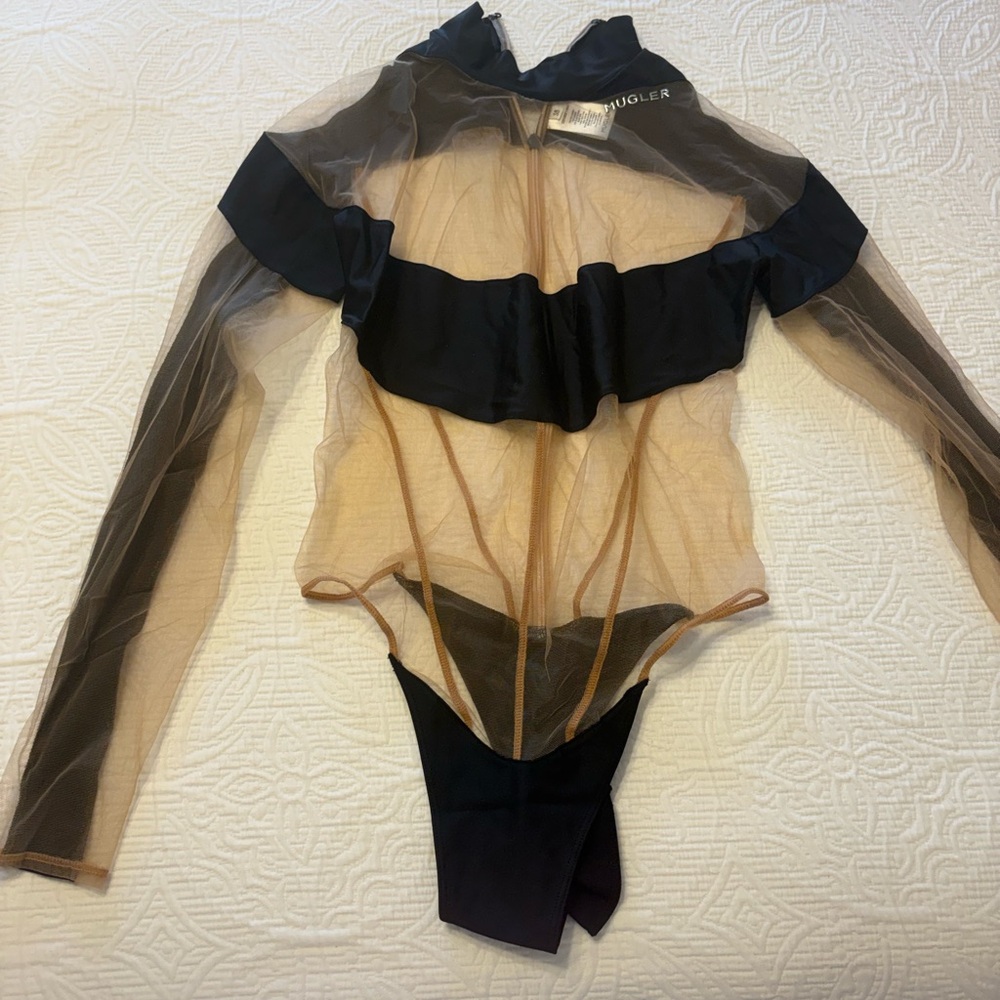 Mugler Black and Tan Off-Shoulder Bodysuit - Picture 2 of 8